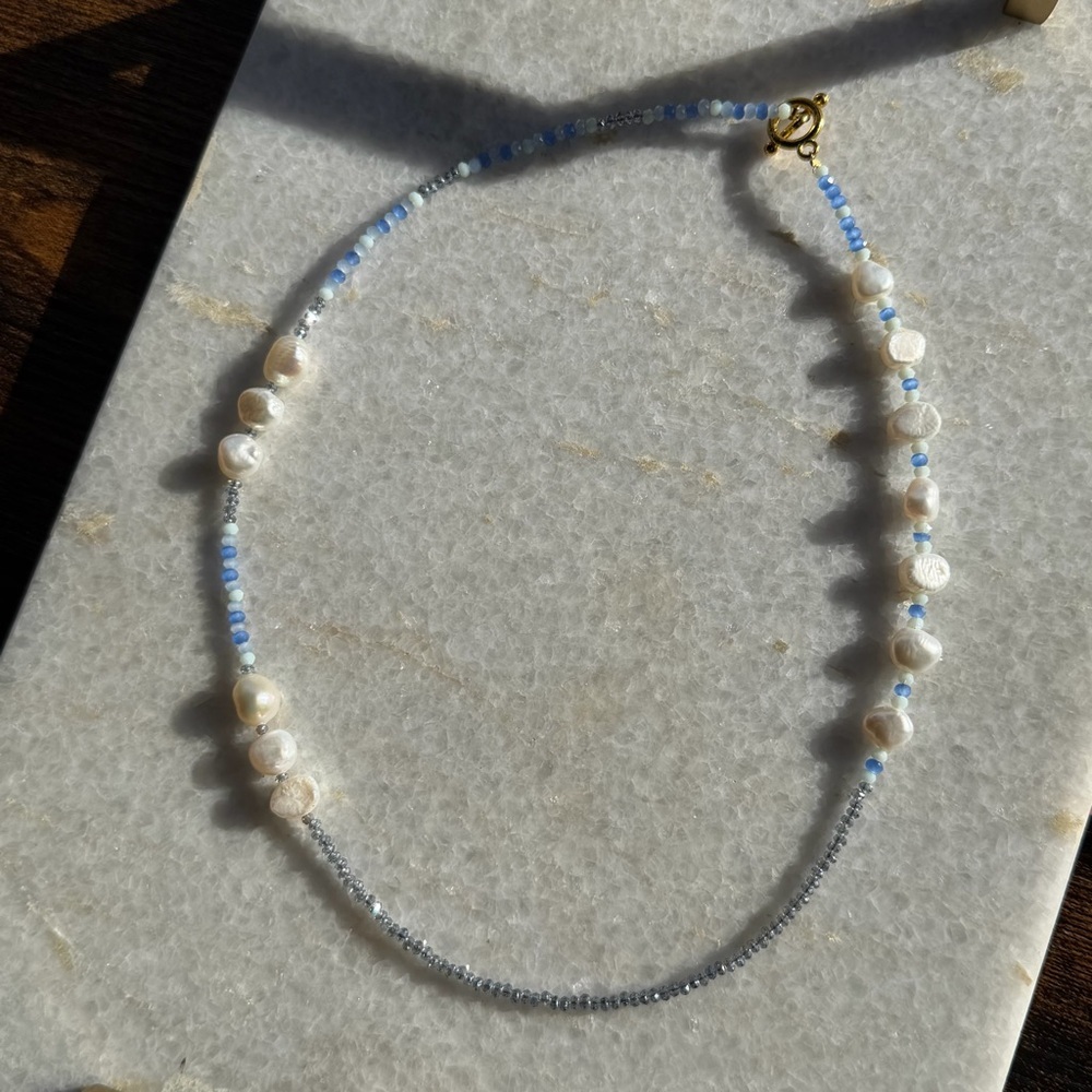 Handmade Freshwater Pearl & Genuine Crystal Necklace | Blue Accent | Gold Toggle - Picture 3 of 6